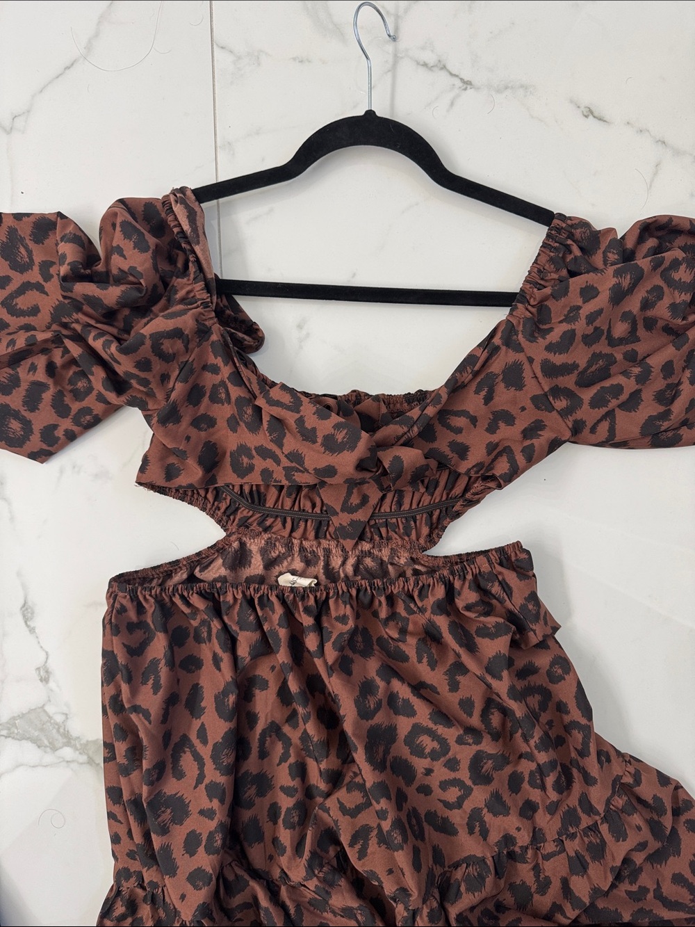Brown Leopard Print Puff Sleeve Midi Dress - Picture 3 of 4